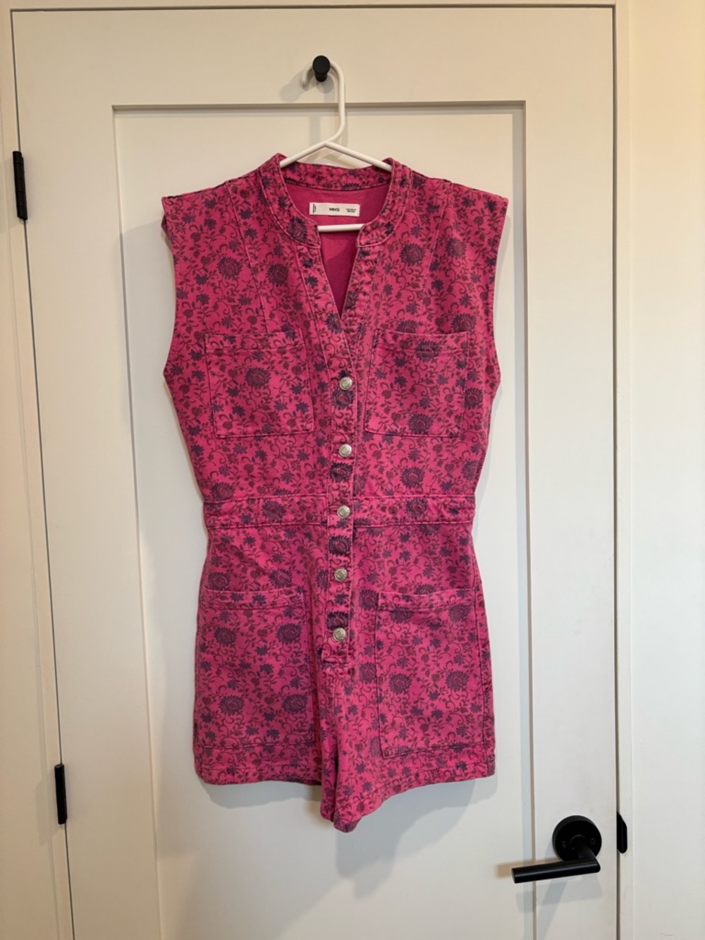 Pink Floral Button-Front Jean Romper